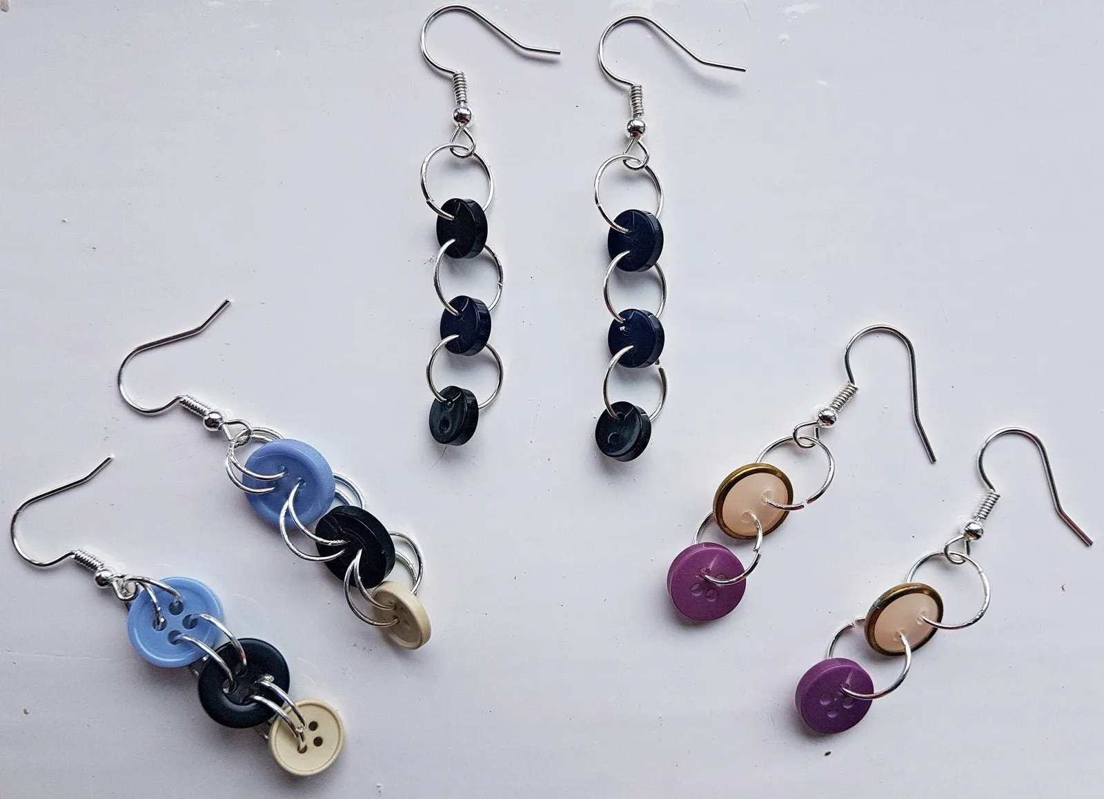 Black Navy Silver Button Earrings