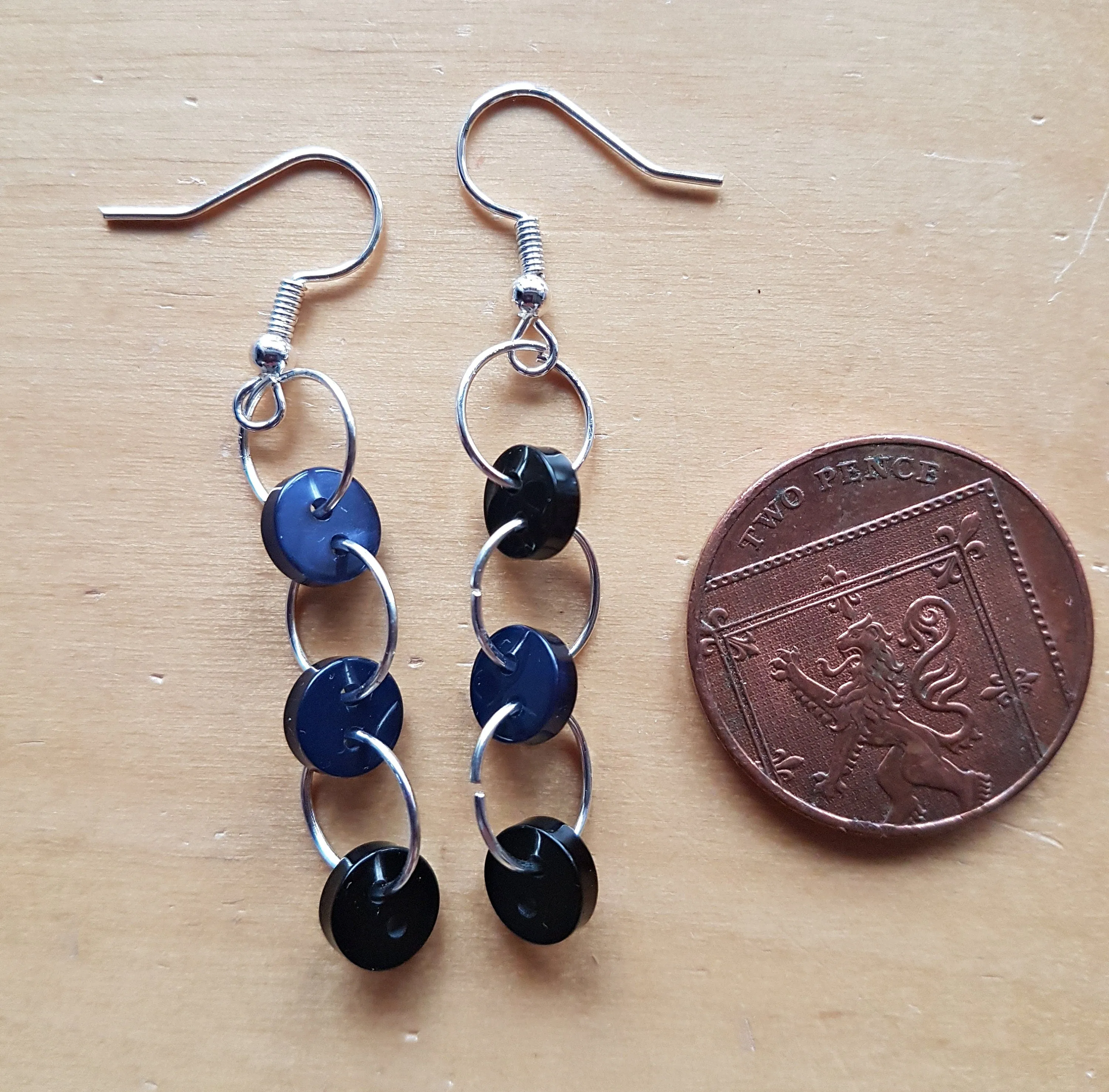 Black Navy Silver Button Earrings