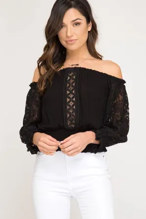 Black Off Shoulder Smocked Long Sleeve Top With Lace Detail