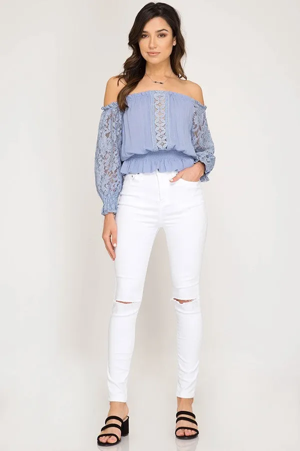 Black Off Shoulder Smocked Long Sleeve Top With Lace Detail