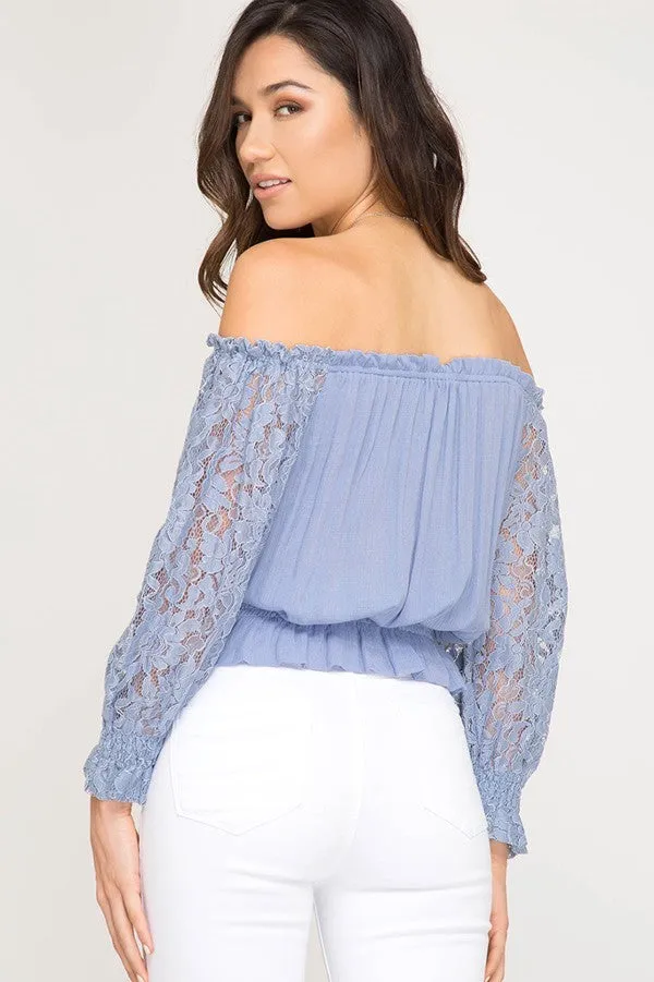 Black Off Shoulder Smocked Long Sleeve Top With Lace Detail