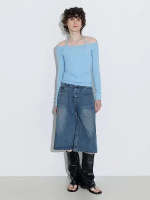 Blue Halter Neck Knit Top with Wool Blend