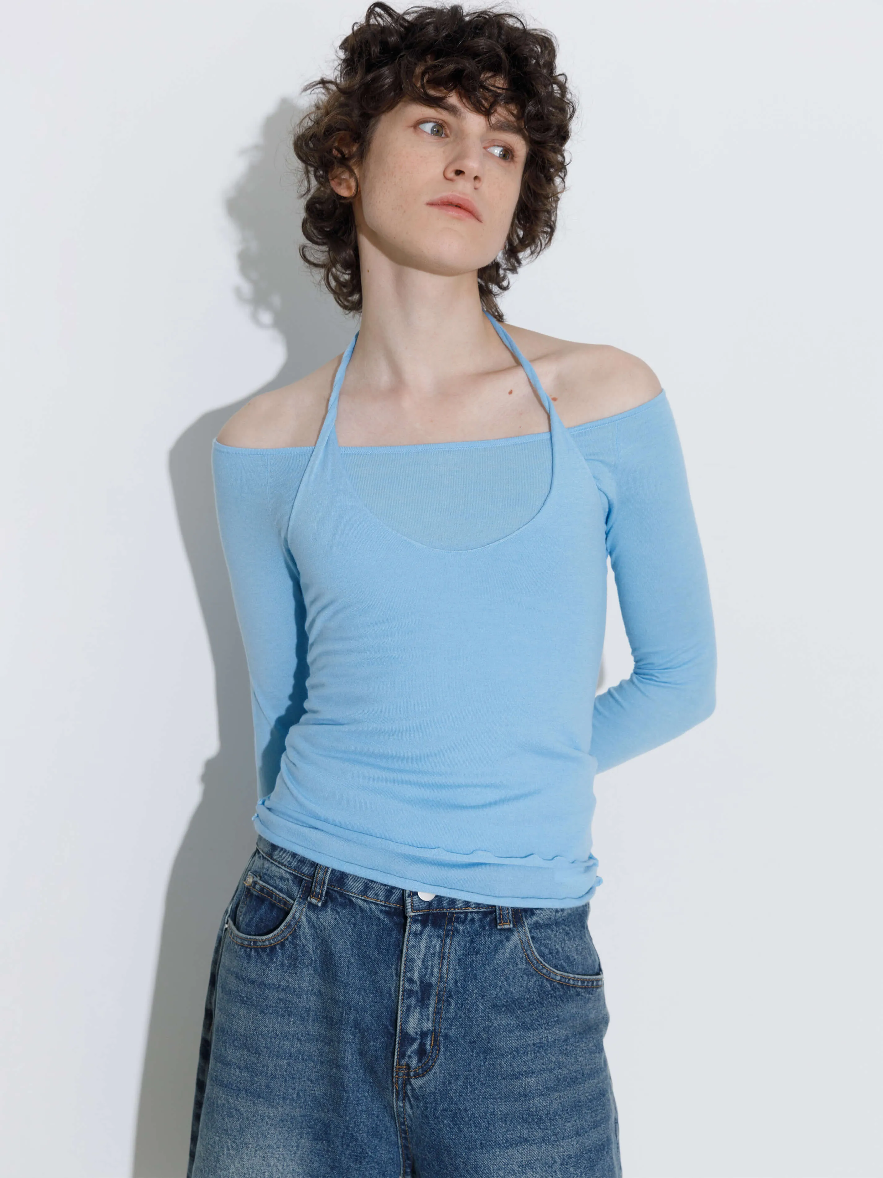 Blue Halter Neck Knit Top with Wool Blend