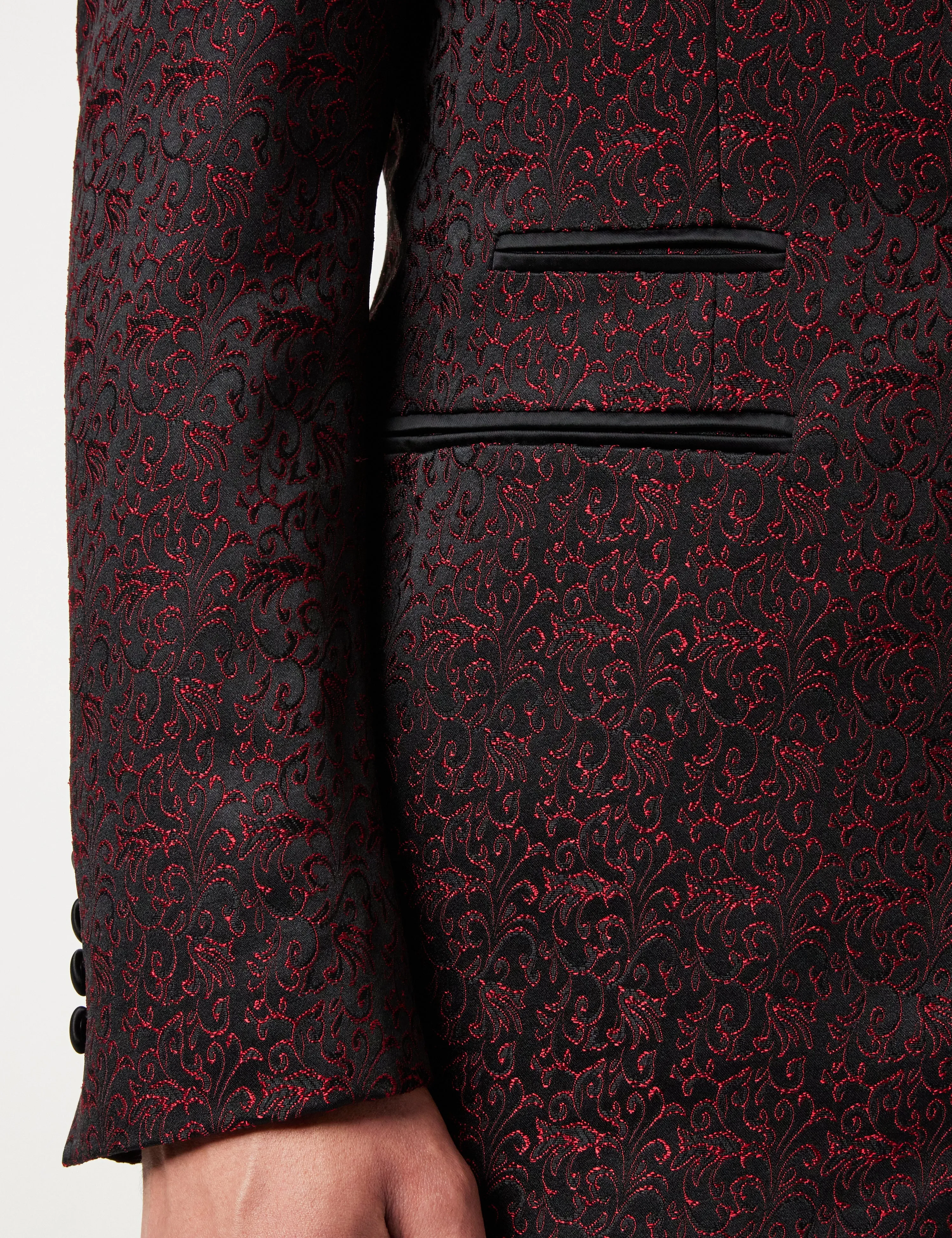 BRIAN - Floral Jacquard Print Red Tuxedo Jacket With Waistcoat