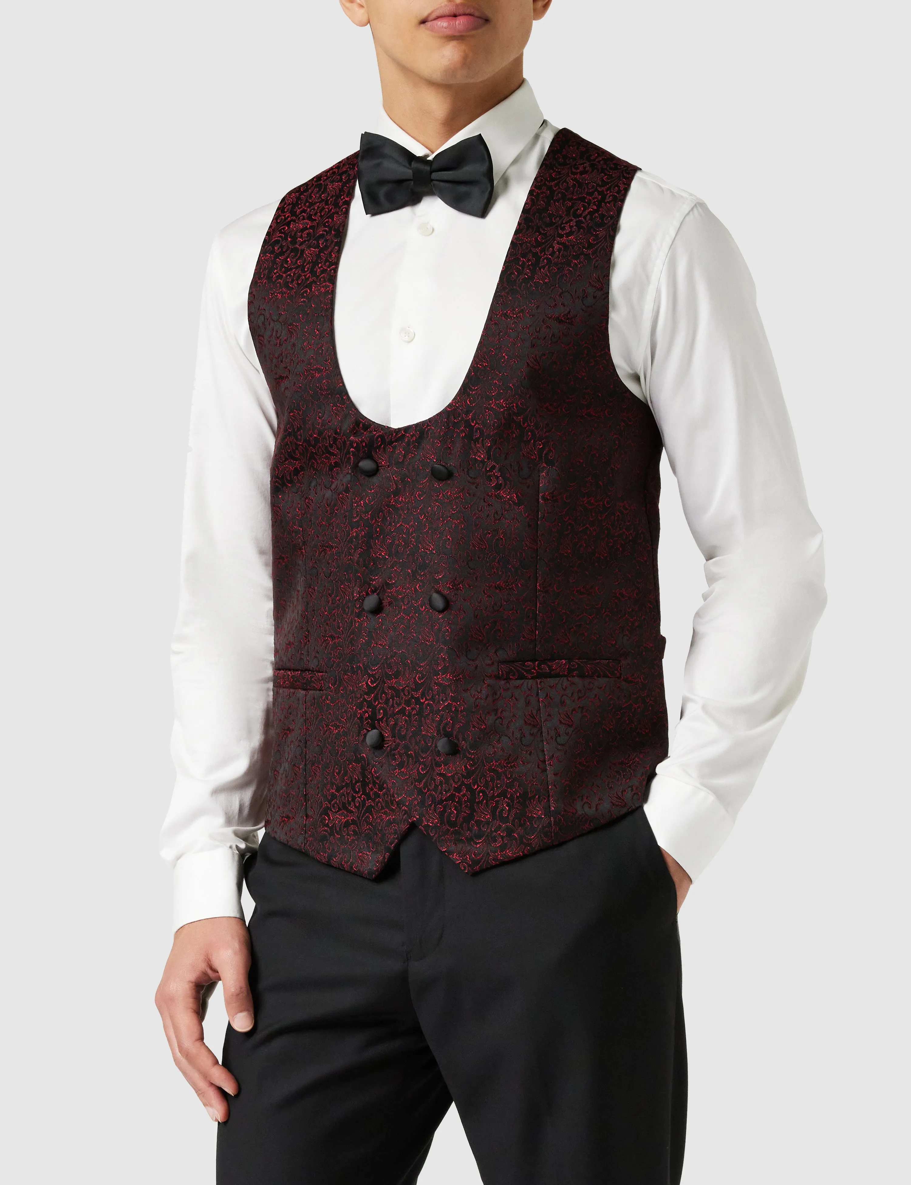 BRIAN - Floral Jacquard Print Red Tuxedo Jacket With Waistcoat