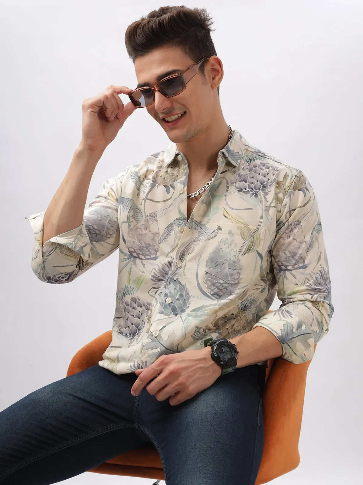 BULLMER Trendy Cream Regular Fit Printed Causal Full sleeve Shirt For Men.