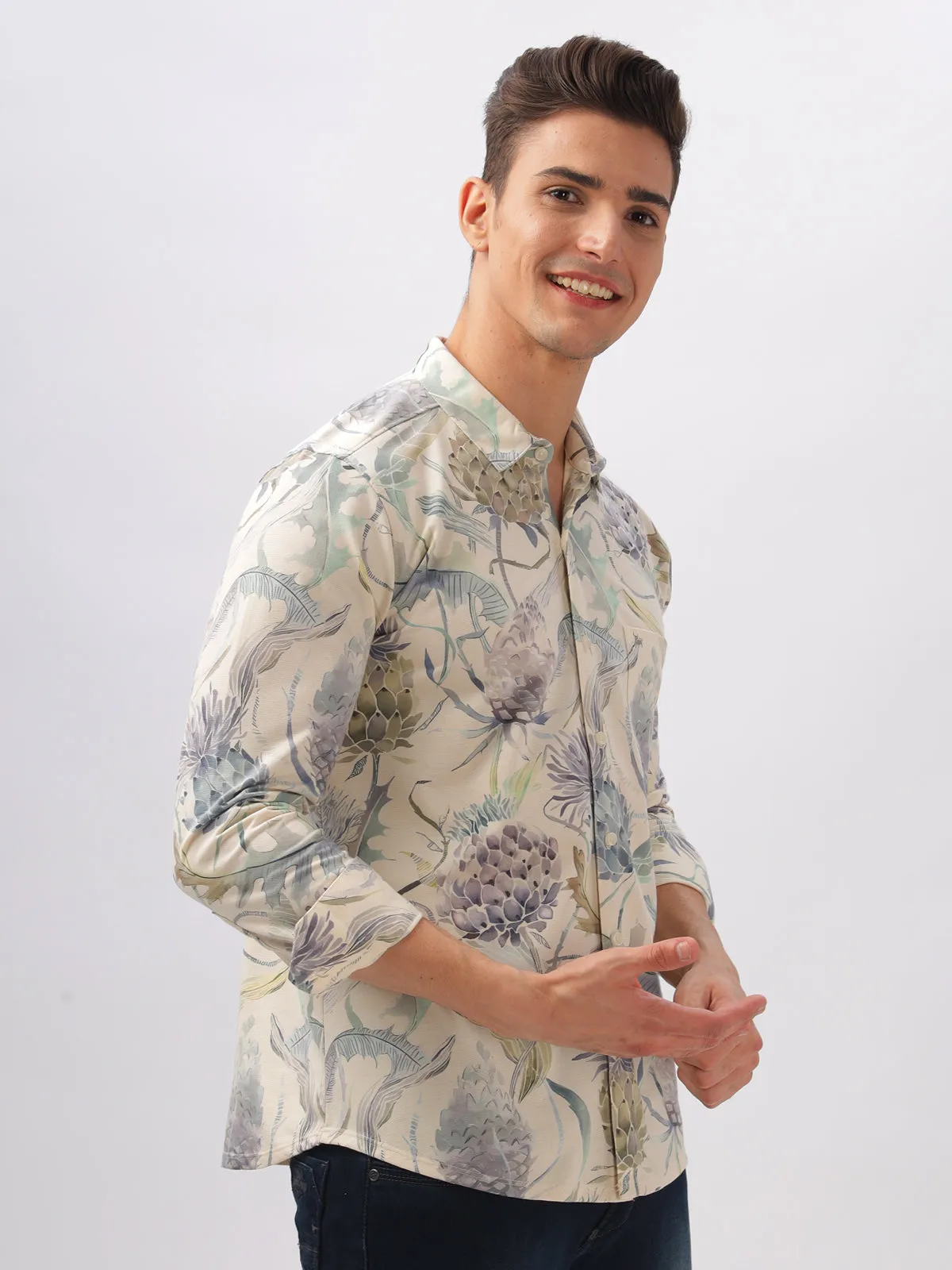 BULLMER Trendy Cream Regular Fit Printed Causal Full sleeve Shirt For Men.