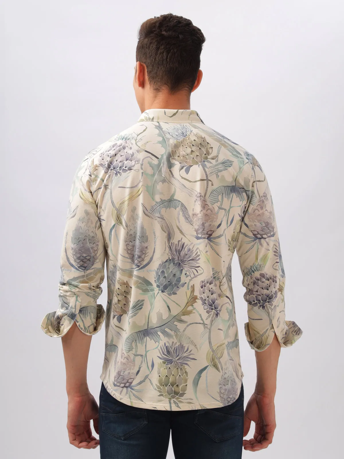 BULLMER Trendy Cream Regular Fit Printed Causal Full sleeve Shirt For Men.