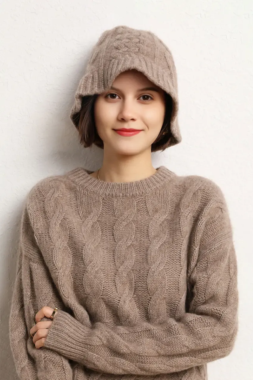 Cable Knit Designer Bucket Hat In 100 Cashmere