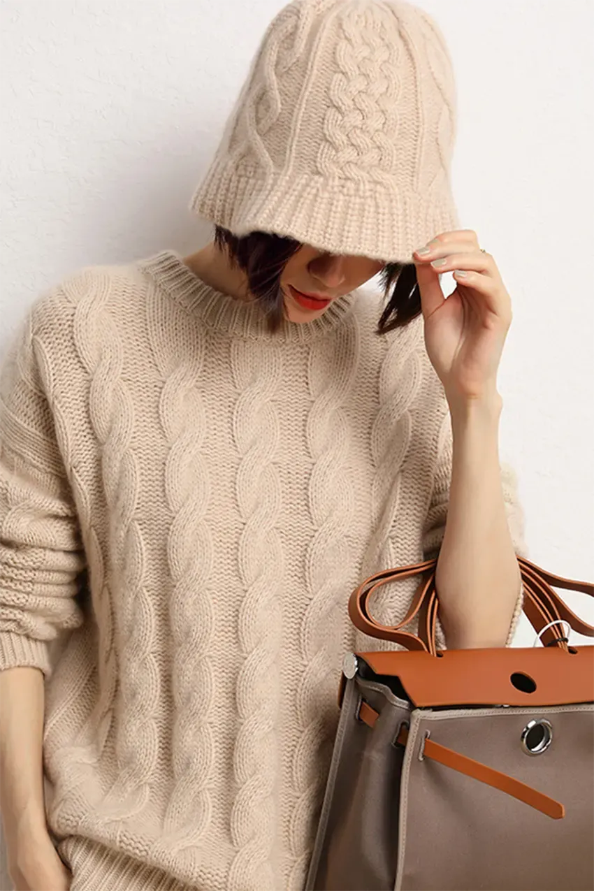 Cable Knit Designer Bucket Hat In 100 Cashmere