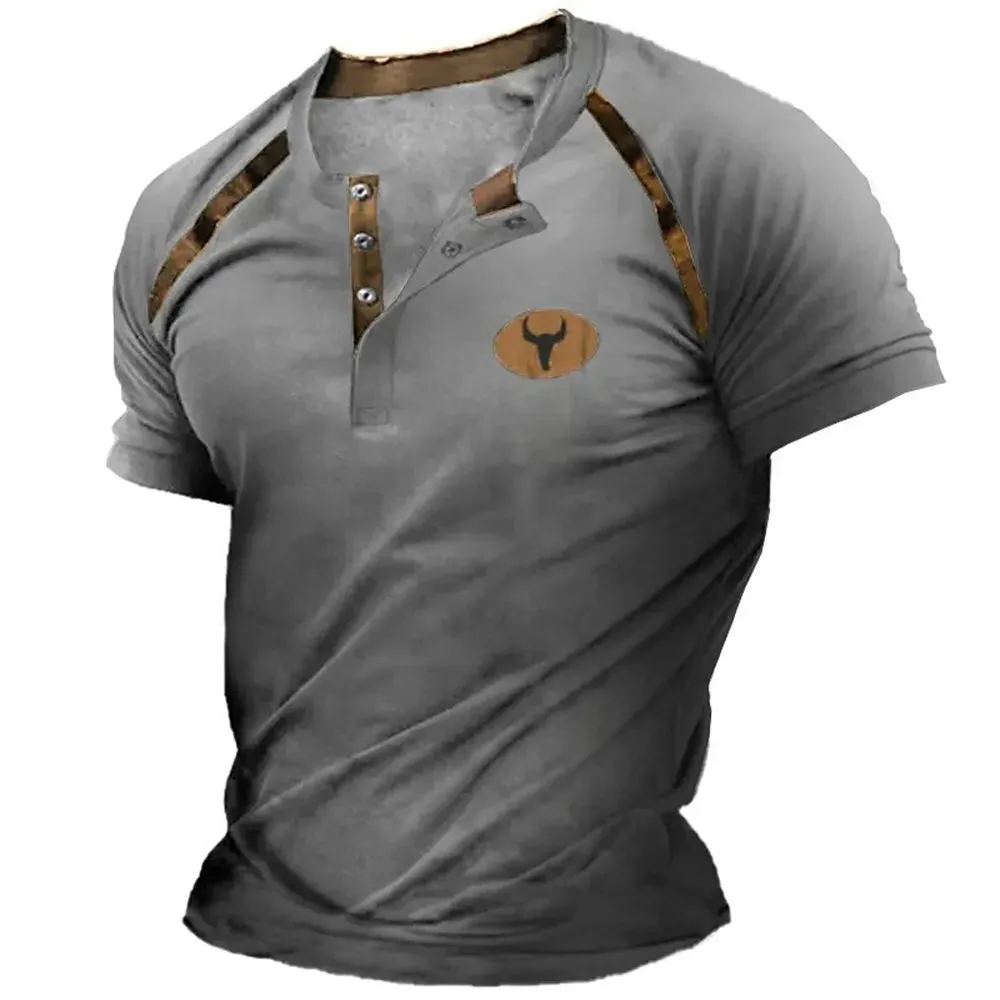 Carter – Men's 3D Graphic Henley Tee with V Neck and Button-Down Oversized Fit