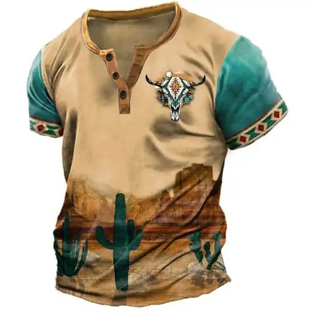 Carter – Men's 3D Graphic Henley Tee with V Neck and Button-Down Oversized Fit