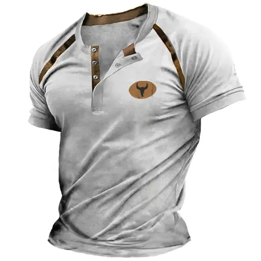 Carter – Men's 3D Graphic Henley Tee with V Neck and Button-Down Oversized Fit