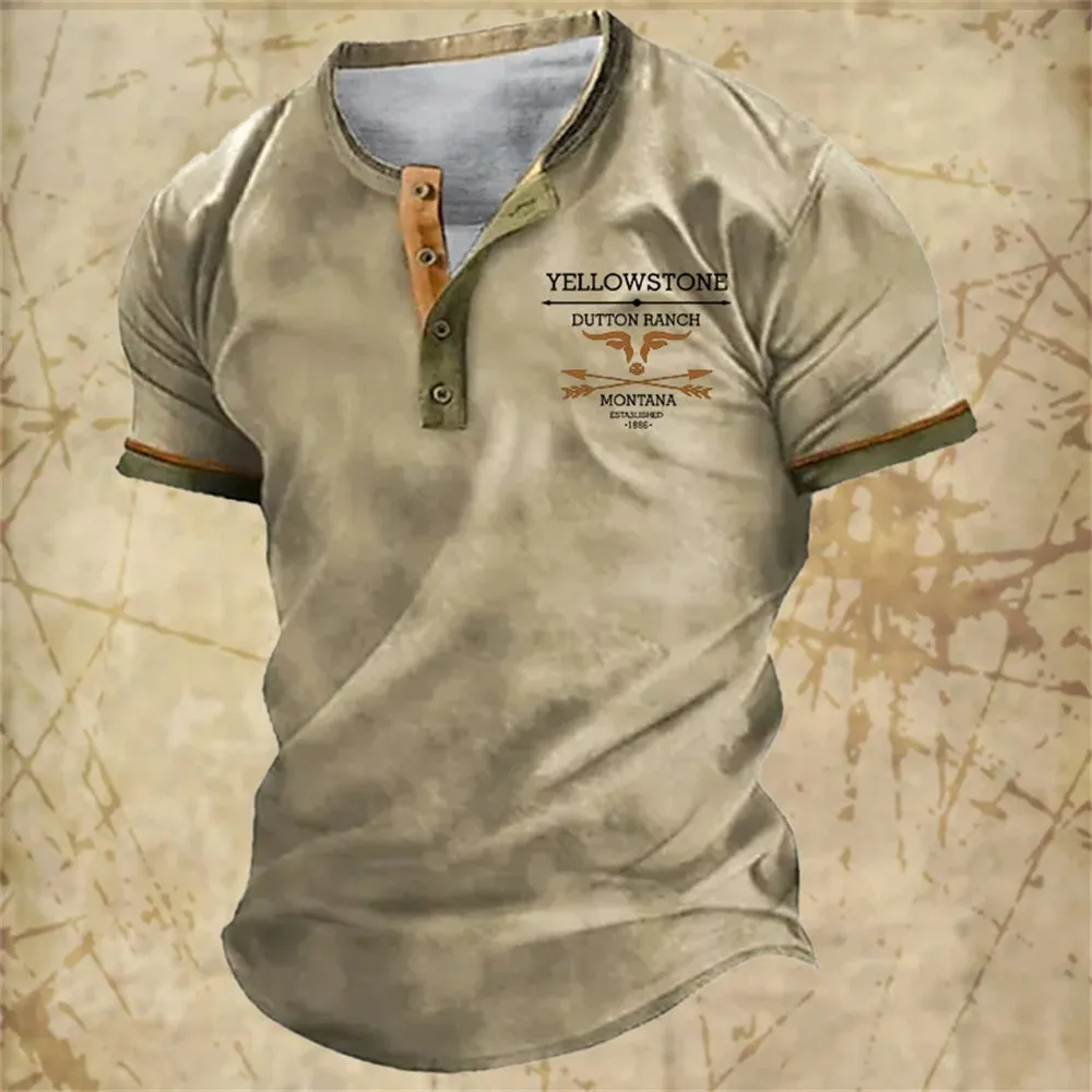 Carter – Men's 3D Graphic Henley Tee with V Neck and Button-Down Oversized Fit
