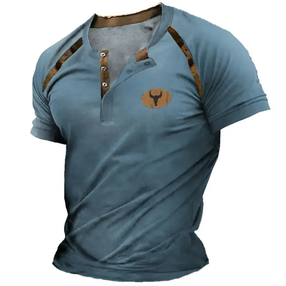 Carter – Men's 3D Graphic Henley Tee with V Neck and Button-Down Oversized Fit