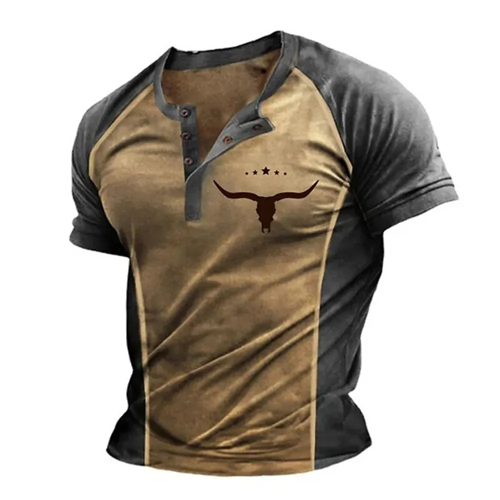 Carter – Men's 3D Graphic Henley Tee with V Neck and Button-Down Oversized Fit
