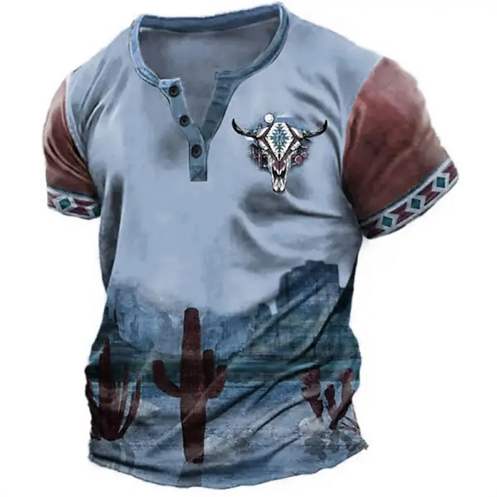 Carter – Men's 3D Graphic Henley Tee with V Neck and Button-Down Oversized Fit