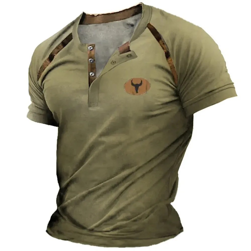 Carter – Men's 3D Graphic Henley Tee with V Neck and Button-Down Oversized Fit