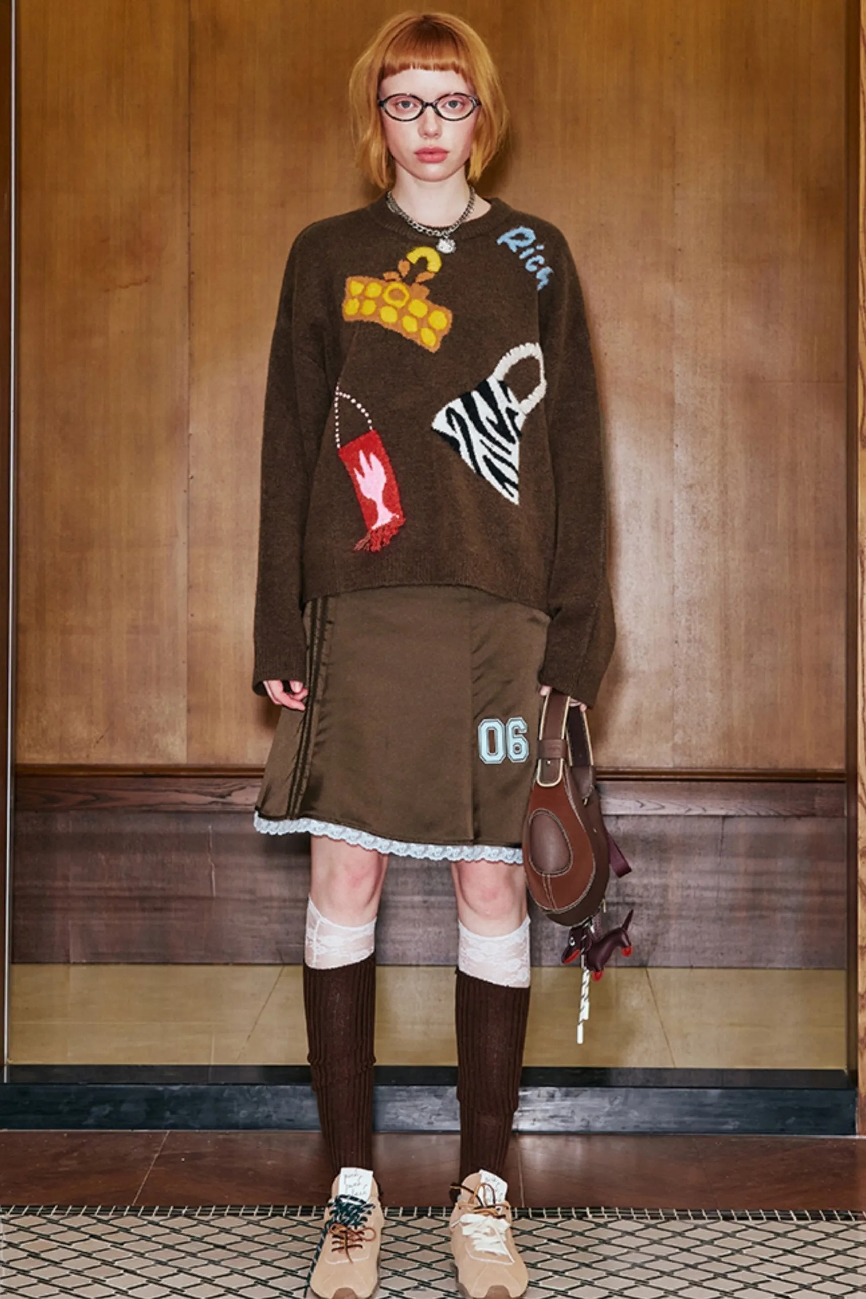 Cartoon Patch Brown Knit Sweater
