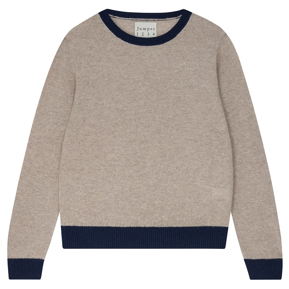 Cashmere Contrast Crew in Organic Light Brown and Navy
