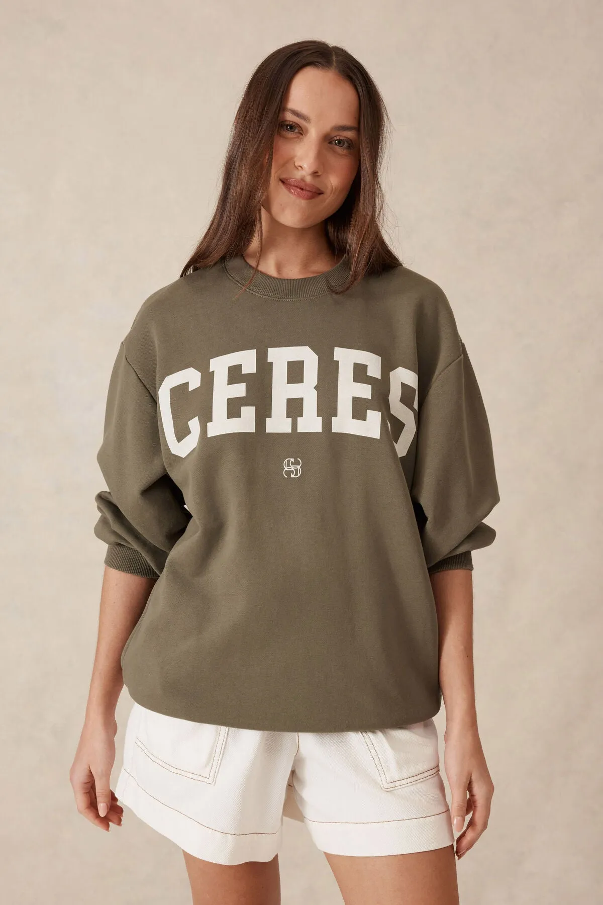 Ceres Life Oversized Slouchy Crew - khaki heritage logo