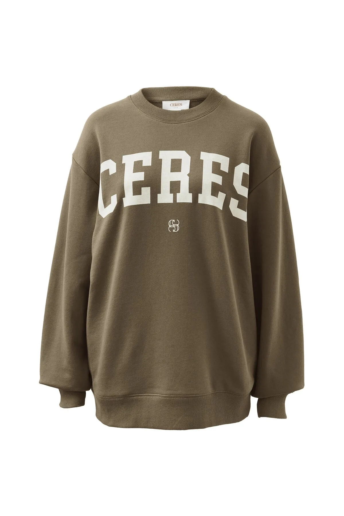 Ceres Life Oversized Slouchy Crew - khaki heritage logo
