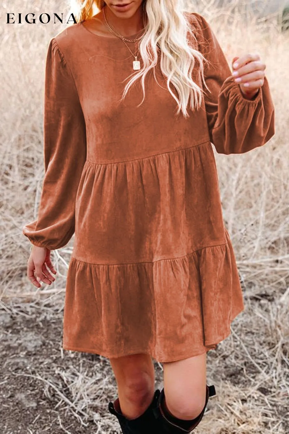 Chestnut Faux Suede Tiered Babydoll Dress