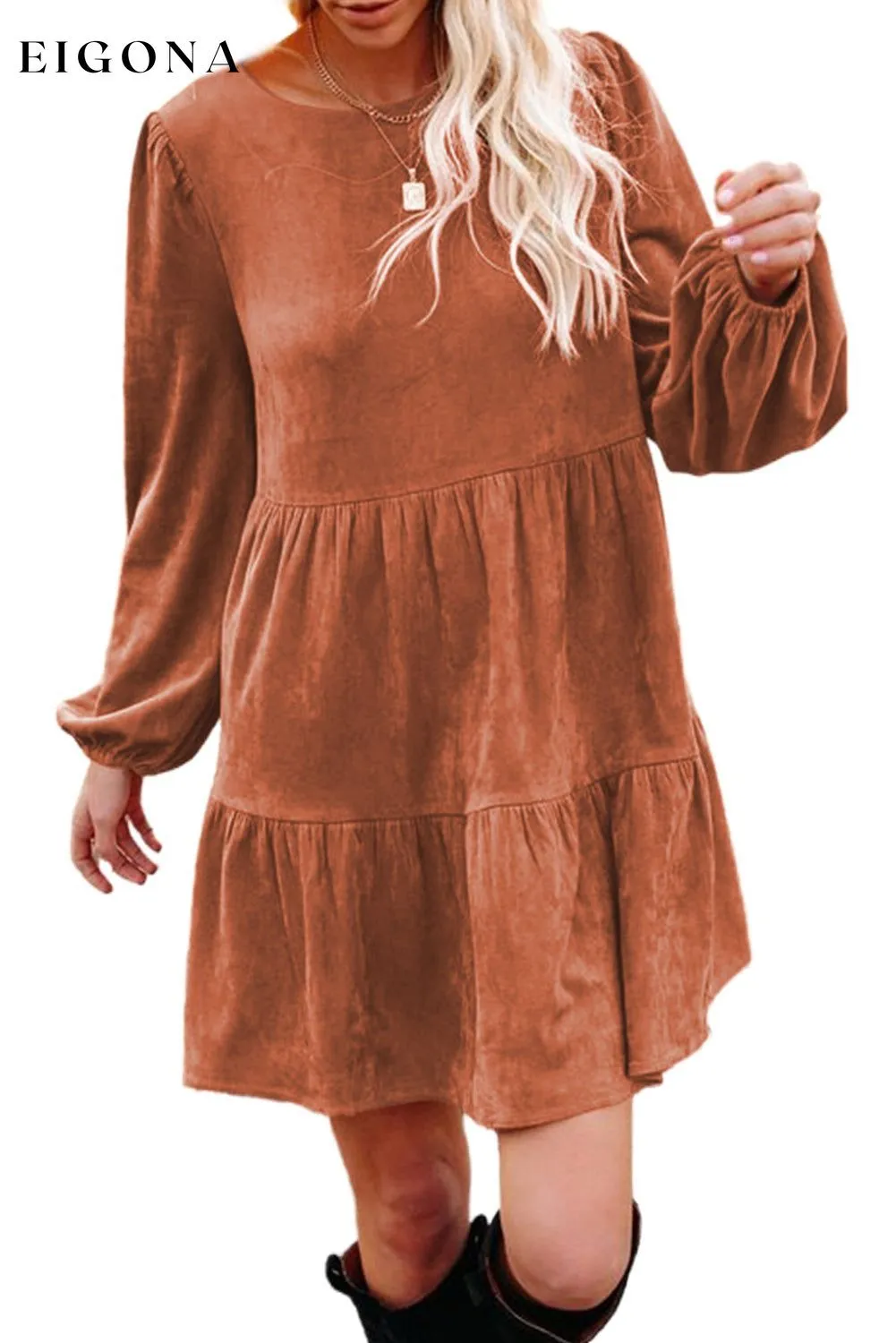 Chestnut Faux Suede Tiered Babydoll Dress