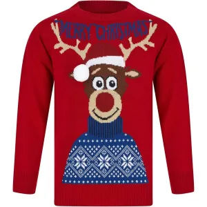 Christmas Reindeer 3D Pom Pom Junior Christmas Jumper - Red