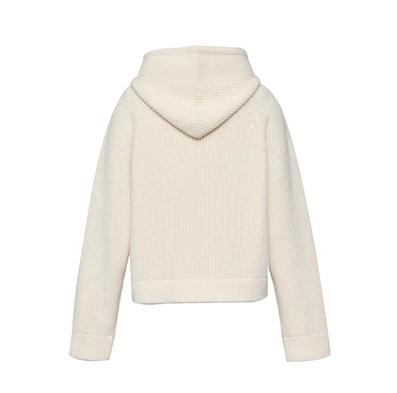 Concise-White Knitted Logo Hoodie Cream