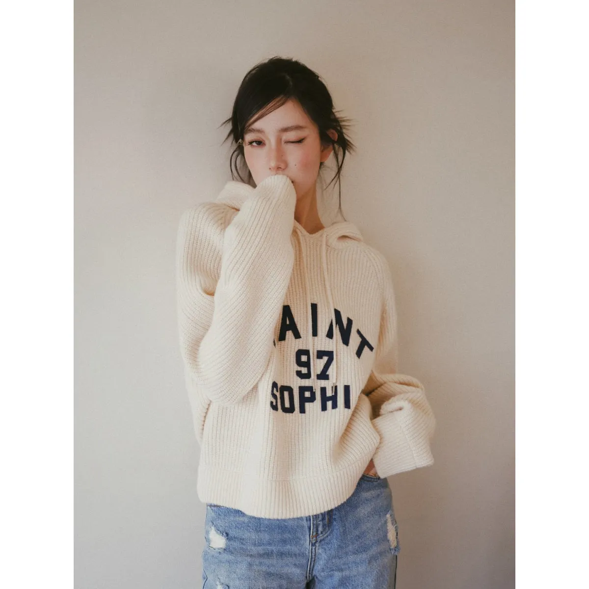 Concise-White Knitted Logo Hoodie Cream