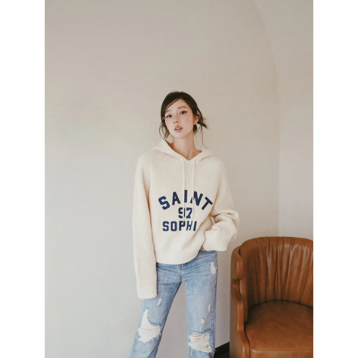 Concise-White Knitted Logo Hoodie Cream