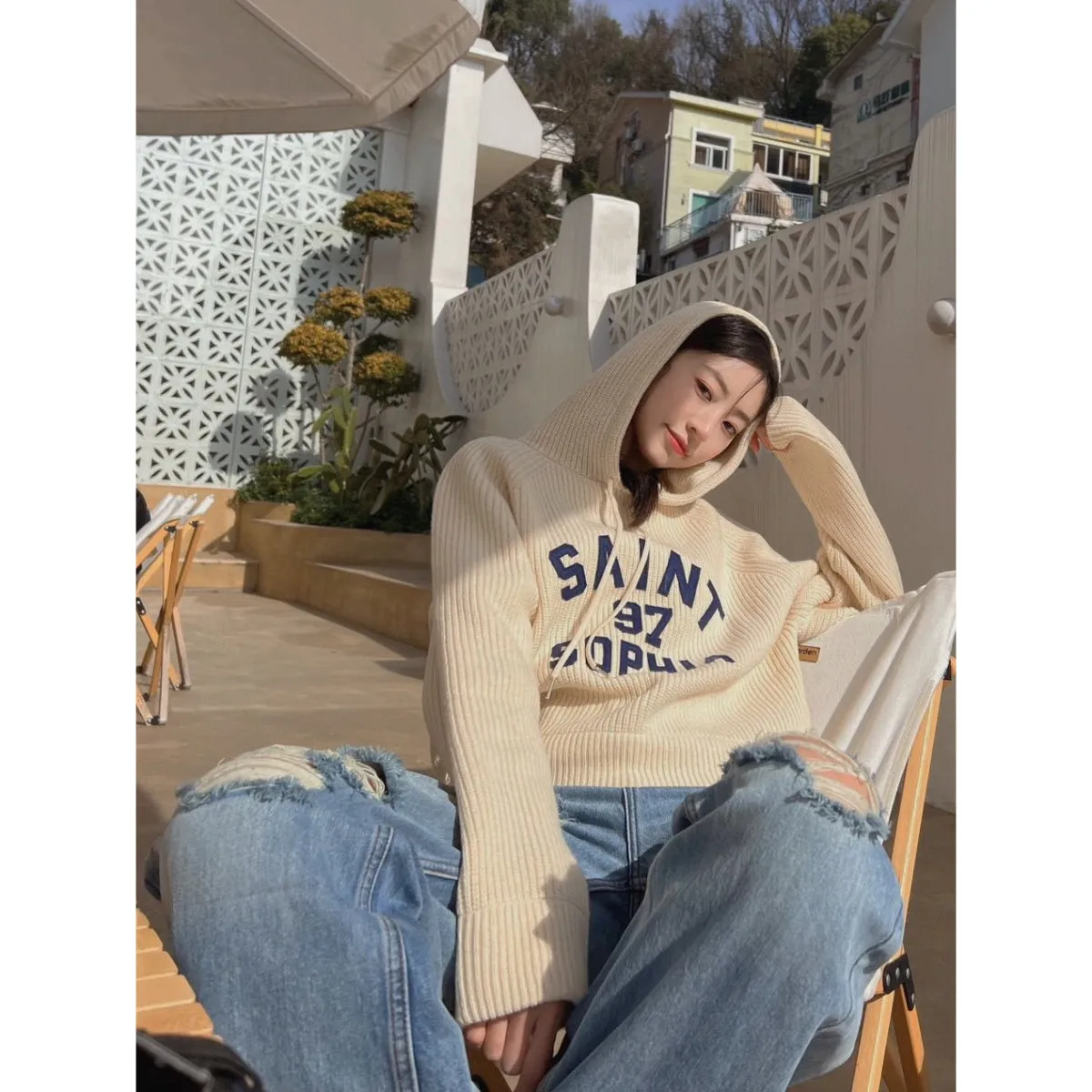 Concise-White Knitted Logo Hoodie Cream