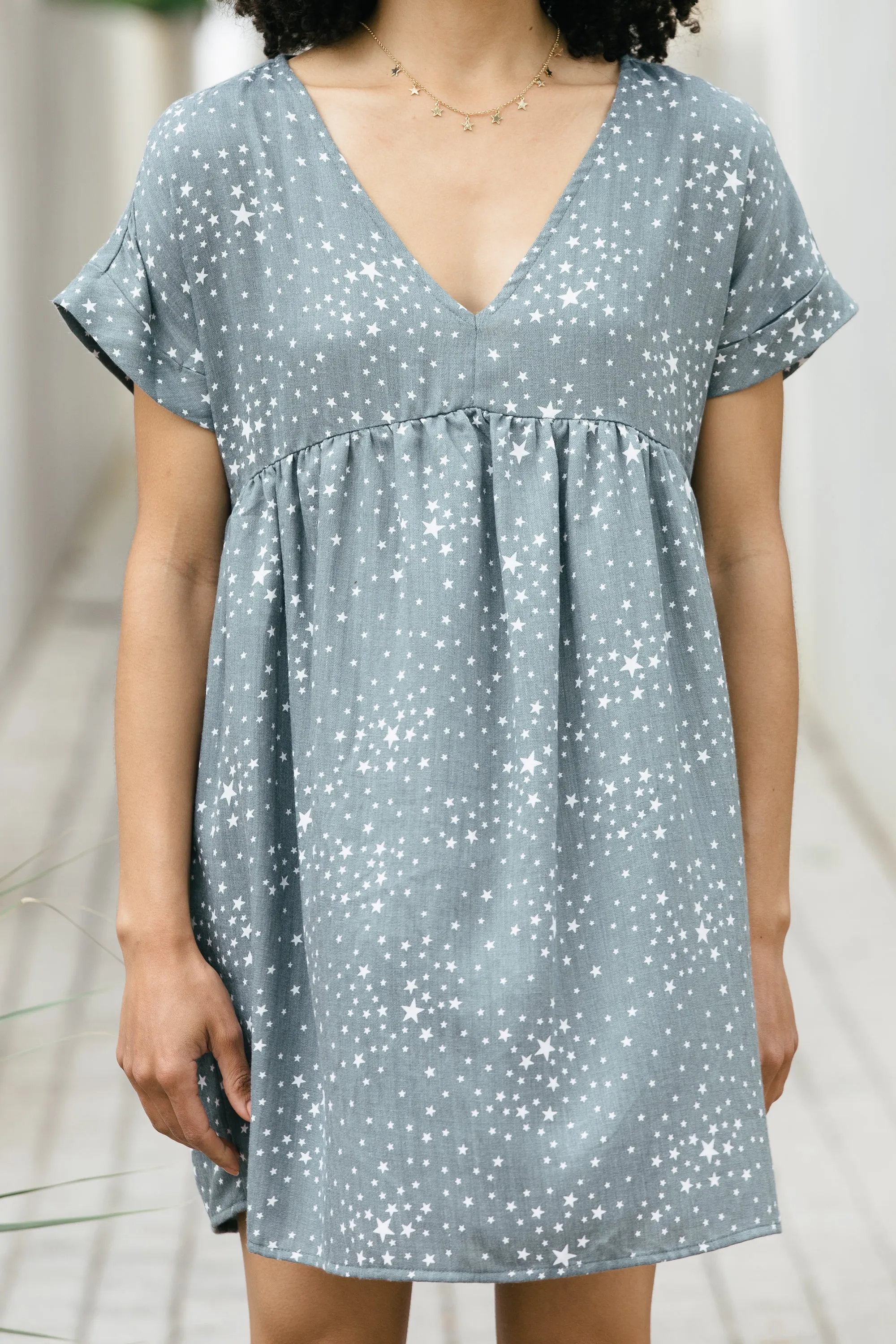 Conversation Starter Dusty Sage Green Star Print Babydoll Dress