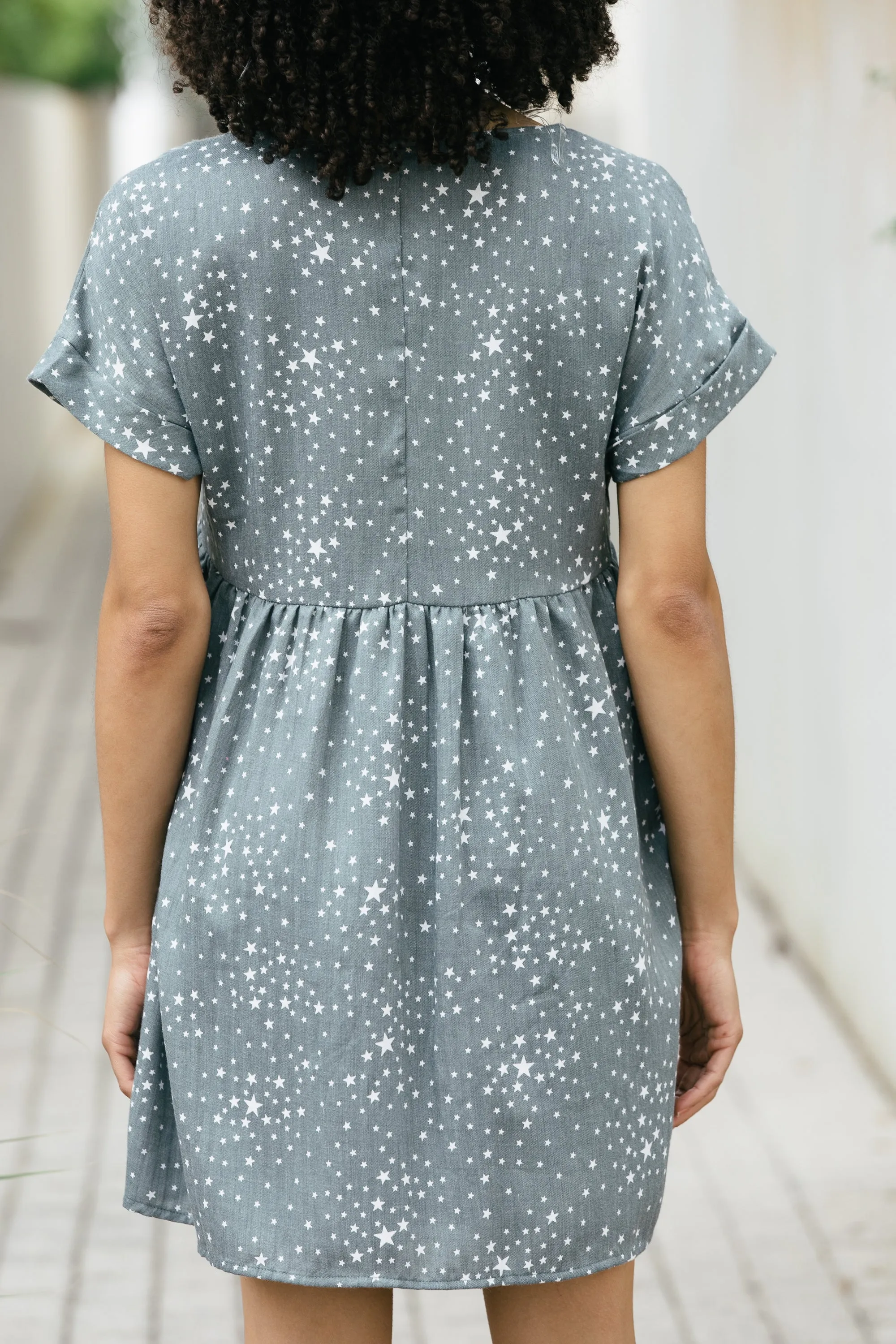 Conversation Starter Dusty Sage Green Star Print Babydoll Dress