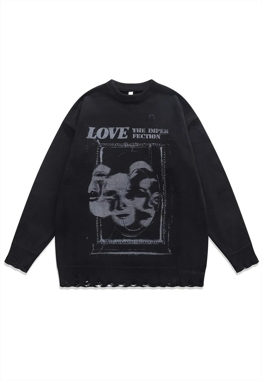 Creepy sweater scary knit distressed horror jumper in grey