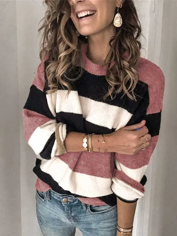Crew Neck Long Sleeve Striped Puilover Sweater