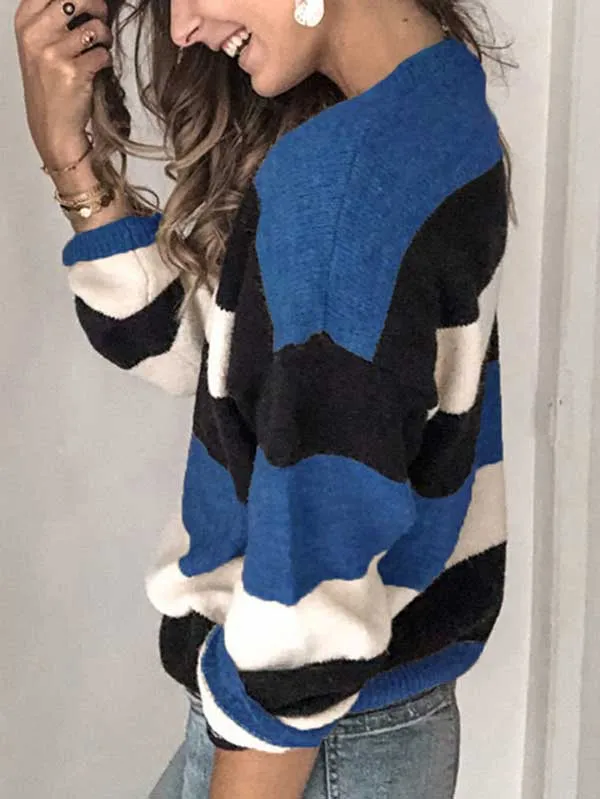 Crew Neck Long Sleeve Striped Puilover Sweater
