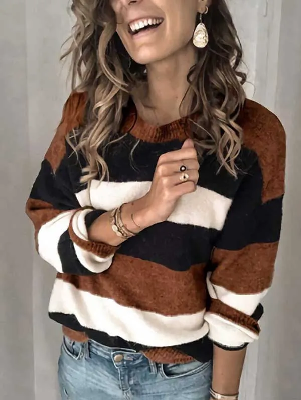 Crew Neck Long Sleeve Striped Puilover Sweater
