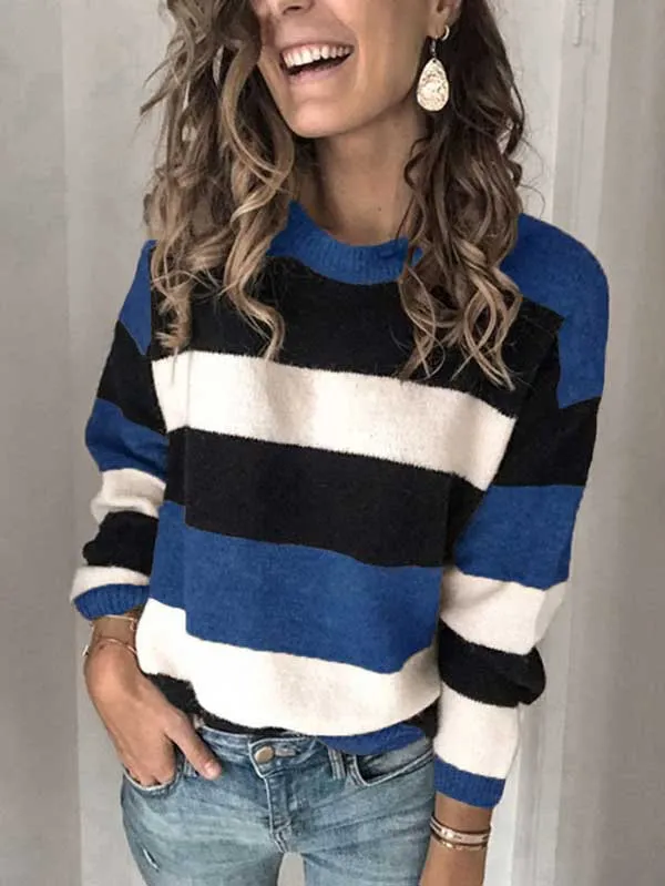 Crew Neck Long Sleeve Striped Puilover Sweater
