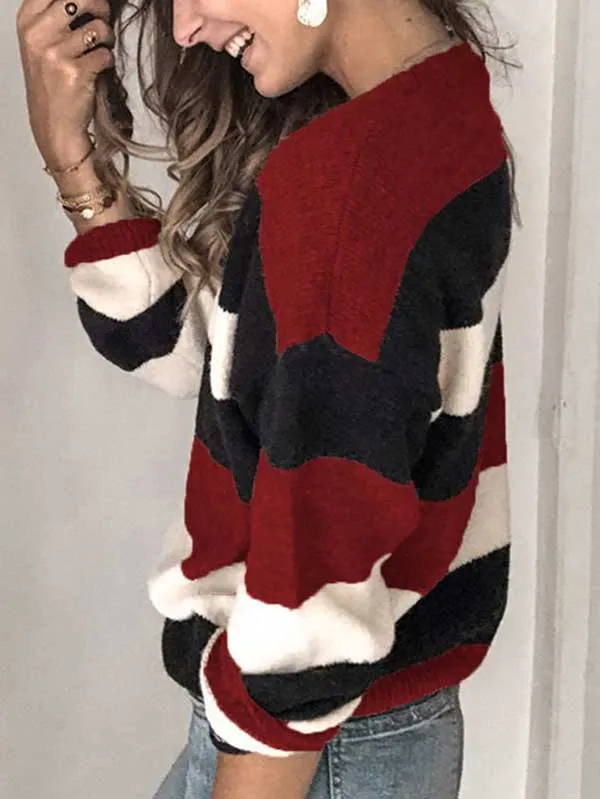 Crew Neck Long Sleeve Striped Puilover Sweater