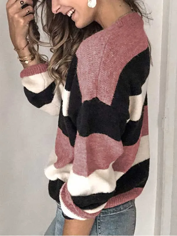 Crew Neck Long Sleeve Striped Puilover Sweater