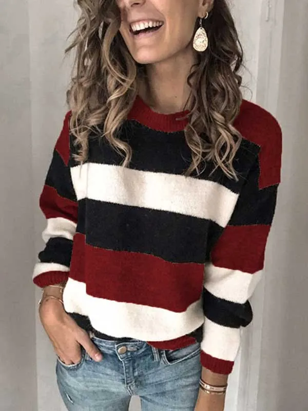 Crew Neck Long Sleeve Striped Puilover Sweater