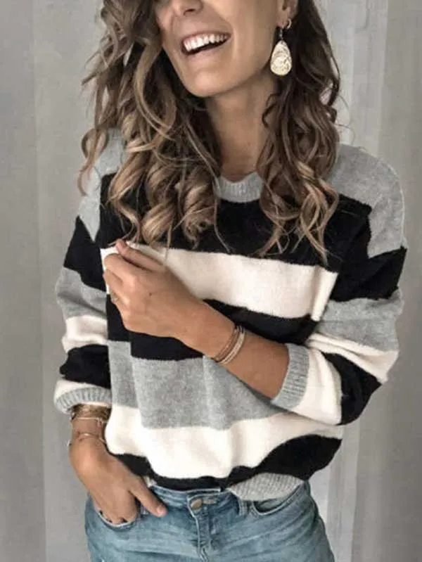 Crew Neck Long Sleeve Striped Puilover Sweater