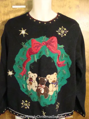 Cute Holiday Wreath with a Trio of Bears Festive Sweater