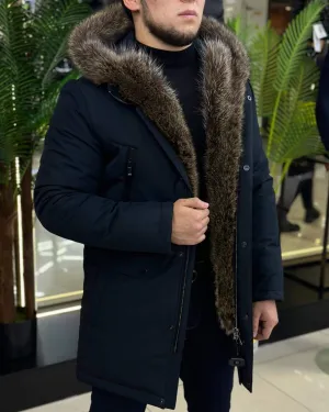 Dark blue plush zipper long down jacket