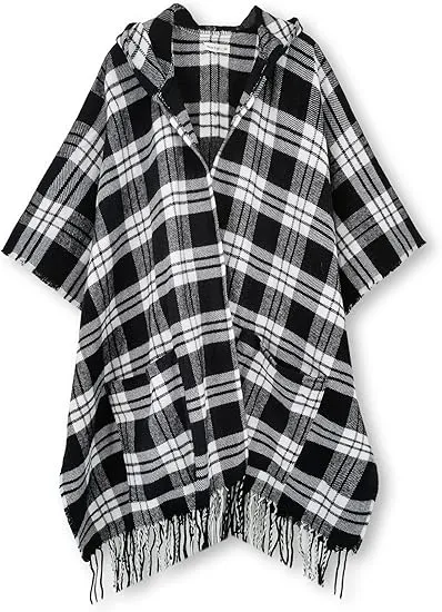 Dark Red Winter Chic Plaid Poncho Cardigan