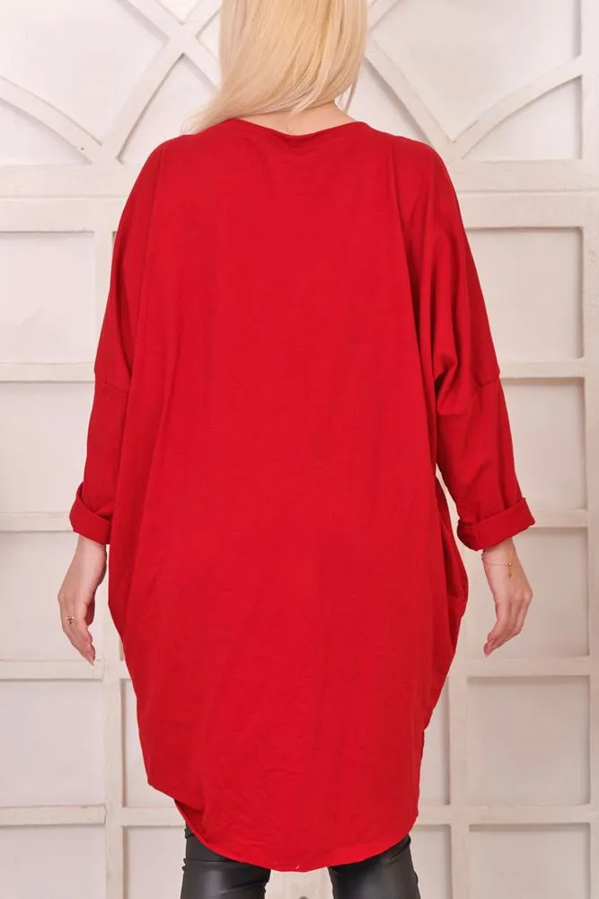 Diamante Santa Hat Motif XMAS Dipped Hem Cotton Top