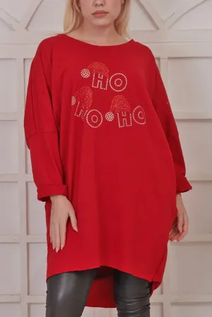 Diamante Santa Hat Motif XMAS Dipped Hem Cotton Top