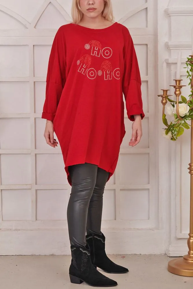 Diamante Santa Hat Motif XMAS Dipped Hem Cotton Top